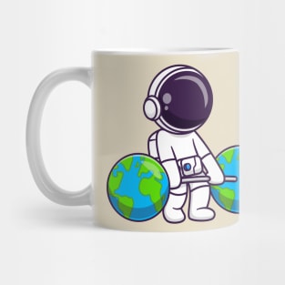 Cute Astronaut Lifting Earth Barbell Cartoon Mug